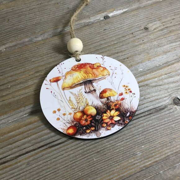 Woodland Mushroom and Orange Flowers Christmas Ornament  3.5" Wooden Ornament - Picture 5 of 5